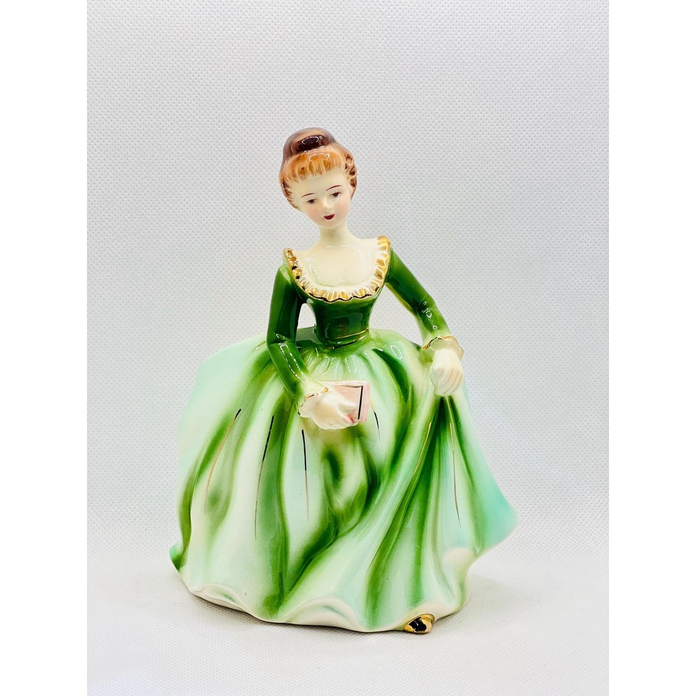 Vintage Porcelain Dancing Lady Figurine Planter / Vase Green Ballgown Brunette‎